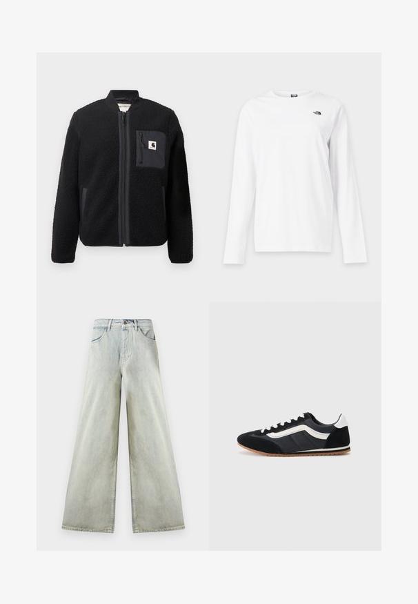 Veste bomber en polaire noire avec fermeture éclair à l'avant, poignets côtelés et poche poitrine. Présente un tissu texturé et un design de couleur unie.; T-shirt blanc à manches longues avec col rond et petit logo noir The North Face sur le côté gauche de la poitrine.; Jean en denim à taille haute, coupe large et lavage clair, doté de poches avant, passants pour ceinture et une fermeture par bouton brun à la taille.; Chaussure de sport noire avec tige en suède et textile, accents blancs, six œillets et semelle en caoutchouc. Forme élégante avec un profil bas.