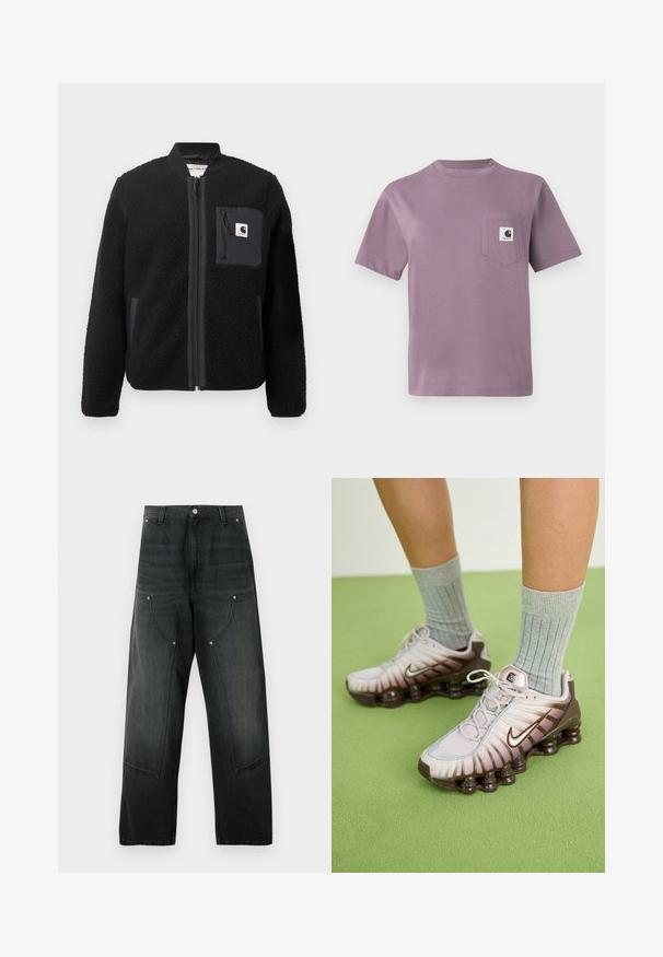 Sort fleeced bomberjakke med lynlås foran, ribbede manchetter og en brystlomme. Har struktureret stof og ensfarvet design.; Lilla bomulds T-shirt med rund hals, korte ærmer og en lomme på venstre bryst med et logo mærke. Glat tekstur, afslappet pasform.; Sorte denim bukser med vide ben, højtaljede, knaplukning, bæltestropper, oversized forlommer med nitte detaljer.; Nike sneakers i lys pink og brun, med en tekstureret overdel, lagdelt design og en polstret sål med synlige luftenheder.