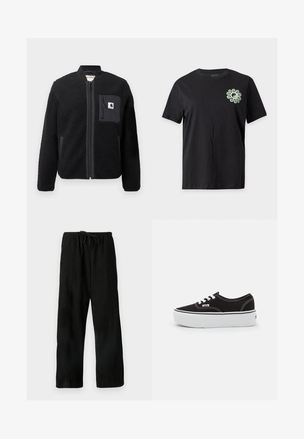 Veste bomber en polaire noire avec fermeture éclair à l'avant, poignets côtelés et poche poitrine. Présente un tissu texturé et un design de couleur unie.; T-shirt noir à manches courtes avec un petit symbole yin-yang vert clair entouré d’un motif tourbillonnant sur le haut gauche de la poitrine.; Pantalon noir à jambe large en tissu texturé, avec une taille élastique et un cordon de serrage pour un ajustement réglable. Aucun motif ni accent visible.; Baskets en toile noires avec une semelle en caoutchouc blanc, dotées de lacets et de coutures blanches, marquage emblématique sur le côté, design basse.