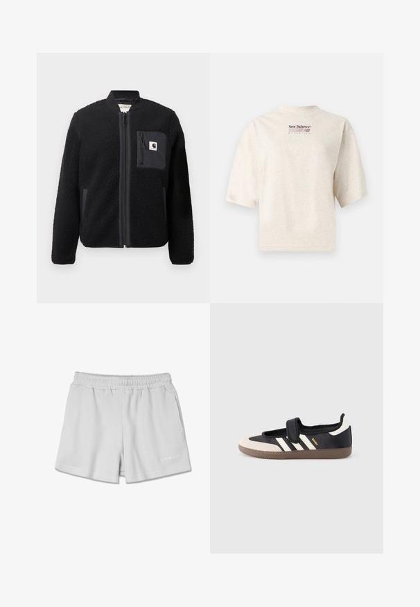 Schwarze Fleece-Bomberjacke mit Reißverschluss, gerippten Ärmeln und einer Brusttasche. Sie zeichnet sich durch einen strukturierten Stoff und ein einfarbiges Design aus.; Beiges New Balance Athletics Kurzarm-T-Shirt mit bordeauxfarbenem Logo und Text, mittig auf der Brust, einfarbiger Hintergrund.; Hellgraue gerippte Shorts mit elastischem Bund, ausgestattet mit zwei Seitentaschen und einem kleinen weißen Logo unten rechts.; Schwarzer und beiger Sneaker mit Klettverschluss, drei weißen Streifen an der Seite und einer strukturierten braunen Gummisohle. Markenlogo sichtbar.
