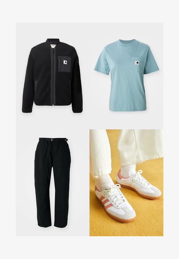 Sort fleeced bomberjakke med lynlås foran, ribbede manchetter og en brystlomme. Har struktureret stof og ensfarvet design.; Lyseblå kortærmet bomulds T-shirt med brystlomme og et lille sort-hvidt Carhartt logo patch.; Sorte letvægtsbukser med elastisk talje og justerbart bælte. Har tapered ben og forstærkede knæpaneler for holdbarhed.; Hvide sportsko med lyserøde accenter, lavet af ruskind og læder, rund tå og gummisål, vist med lyse sokker på en gul baggrund.