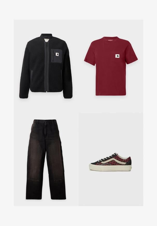 Sort fleeced bomberjakke med lynlås foran, ribbede manchetter og en brystlomme. Har struktureret stof og ensfarvet design.; Rød kortærmet t-shirt lavet af bomuld, med en venstre brystlomme og et hvidt logo patch. Rund halsudskæring, afslappet pasform.; Sorte bukser med vide ben, store forlommer og bæltestropper, vist mod en ensartet lys baggrund.; Vans OLD SKOOL 36 UNISEX - Sneakers - bordeaux