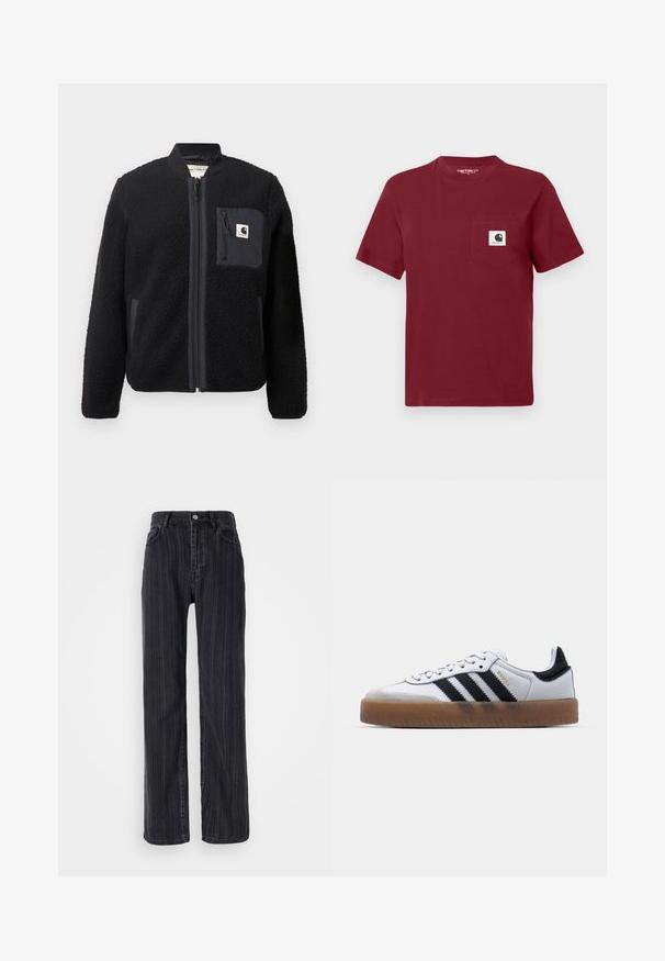 Veste bomber en polaire noire avec fermeture éclair à l'avant, poignets côtelés et poche poitrine. Présente un tissu texturé et un design de couleur unie.; T-shirt rouge à manches courtes en coton, avec une poche sur la poitrine gauche dotée d'un écusson logo blanc. Encolure ronde, coupe décontractée.; Jean en denim noir taille haute avec un motif rayé vertical, coupe droite et fermeture à bouton métallique à l'avant.; Baskets en cuir blanc avec des rayures noires, semelle extérieure en caoutchouc beige, bout rond, fermeture lacée et embout en suède gris doux.
