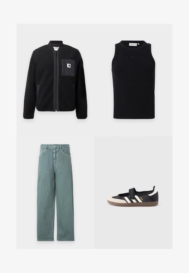 Sort fleeced bomberjakke med lynlås foran, ribbede manchetter og en brystlomme. Har struktureret stof og ensfarvet design.; Sort ærmeløs tanktop lavet af ribbet stof, med rund halsudskæring og et lille logo på forsiden. Enkel, tætsiddende design.; Lys grønne brede jeans med knaplukning, fire lommer og subtile syninger, lavet af et glat bomuldsstof.; Sort og beige sko med velcrolukning, tre hvide striber på siden og en tekstureret brun gummisål. Mærkelogo er synligt.