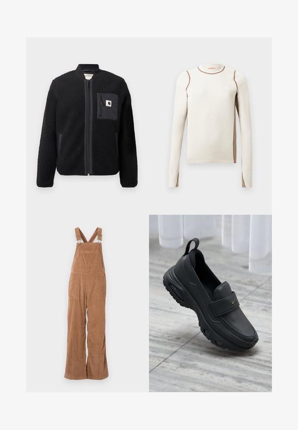 Must schwarze fleece-bomber-jakk, millel, lukkumine, soonikkoesed ja rindade tasku. Omab tekstuuriga kangast ja ühtlase värvi disaini.; Pikad varrukad, heleda beeži tooni top, sobiva stiiliga, soonilise tekstuuriga, kontrastsete pruunide õmbluste ja väikese valge kolmnurga logoga rinnal.; Prunixilla puuvillased kombinesoonid laialdaste jalgadega, reguleeritavate rihmadega ning esiküljel taskuga. Pehme tekstuur vertikaalse soonikuga.; Mustast nahast libisevad kingad, millel on lame tald, tekstuuriga viimistlus, pehmendusega ülemine osa ja kuldne logoaksent. Disainitud mugavuse ja hõlpsa kandmise jaoks.
