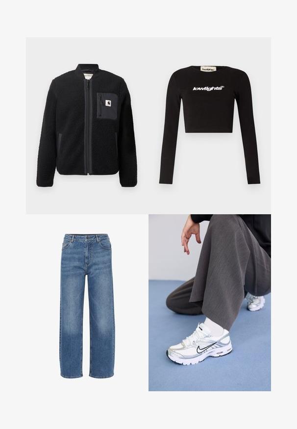 Chaqueta bomber de forro polar negra con cierre de cremallera frontal, puños acanalados y un bolsillo en el pecho. Presenta un tejido texturizado y diseño de color sólido.; Camiseta negra de manga larga cortada hecha de algodón. Tiene un escote redondo y el logo "lowlights" en blanco en el pecho.; Jeans de mezclilla azul claro, de pierna ancha. Cuentan con una cintura alta, diseño clásico de cinco bolsillos y costuras visibles a lo largo de las costuras.; Zapatillas deportivas blancas y plateadas con materiales de malla y sintéticos, con líneas de acento negras, cordones y suelas texturizadas.