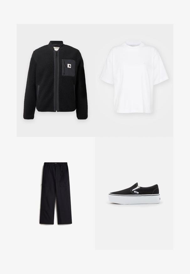 Chaqueta bomber de forro polar negra con cierre de cremallera frontal, puños acanalados y un bolsillo en el pecho. Presenta un tejido texturizado y diseño de color sólido.; Camiseta de algodón blanca con cuello redondo, mangas cortas y un corte relajado. Presenta un logo sutil en el área del pecho izquierdo. Textura suave.; Pantalones cargo negros con una cintura elástica, cinturón ajustable y dos bolsillos laterales. Hechos de una tela ligera y texturizada.; Zapato ligero negro de lona con suela de goma blanca, que presenta acentos elásticos laterales y costuras en contraste. Logo de la marca visible en el lateral.