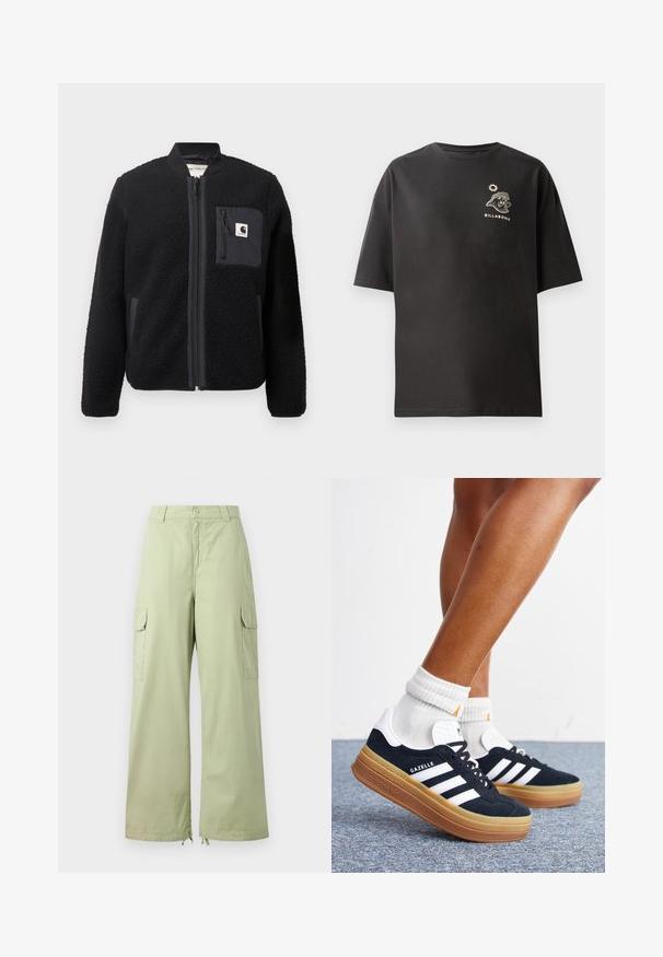 Zwarte fleece bomberjack met een rits aan de voorkant, geribbelde manchetten en een borstzak. Kenmerkt zich door de textuur van de stof en het effen kleurontwerp.; Zwarte t-shirt met korte mouwen die een klein wit Billabong logo en grafisch ontwerp op de borst heeft. Gemaakt van zachte katoen met een losse pasvorm.; Lichtgroene cargobroek met wijde pijpen, gemaakt van katoen. Bevat twee zijzakken en een knoopsluiting. Soepele textuur en casual ontwerp.; Ben met witte sokken en zwarte Adidas Gazelle sneakers met witte strepen en dikke bruine zolen op een grijs tapijt.