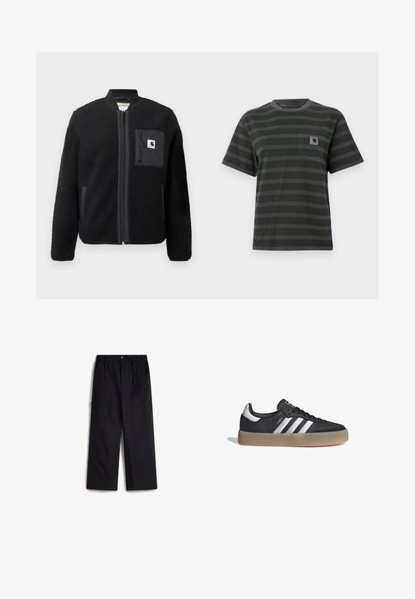 Chaqueta bomber de forro polar negra con cierre de cremallera frontal, puños acanalados y un bolsillo en el pecho. Presenta un tejido texturizado y diseño de color sólido.; Camiseta de manga corta gris oscuro con rayas horizontales negras, que incluye un bolsillo en el pecho izquierdo y una etiqueta de marca. Textura de algodón suave.; Pantalones cargo negros con una cintura elástica, cinturón ajustable y dos bolsillos laterales. Hechos de una tela ligera y texturizada.; Zapatilla deportiva de cuero negro con tres rayas plateadas, punta texturizada y suela de goma. Cuenta con un collar acolchado y un diseño con cordones.