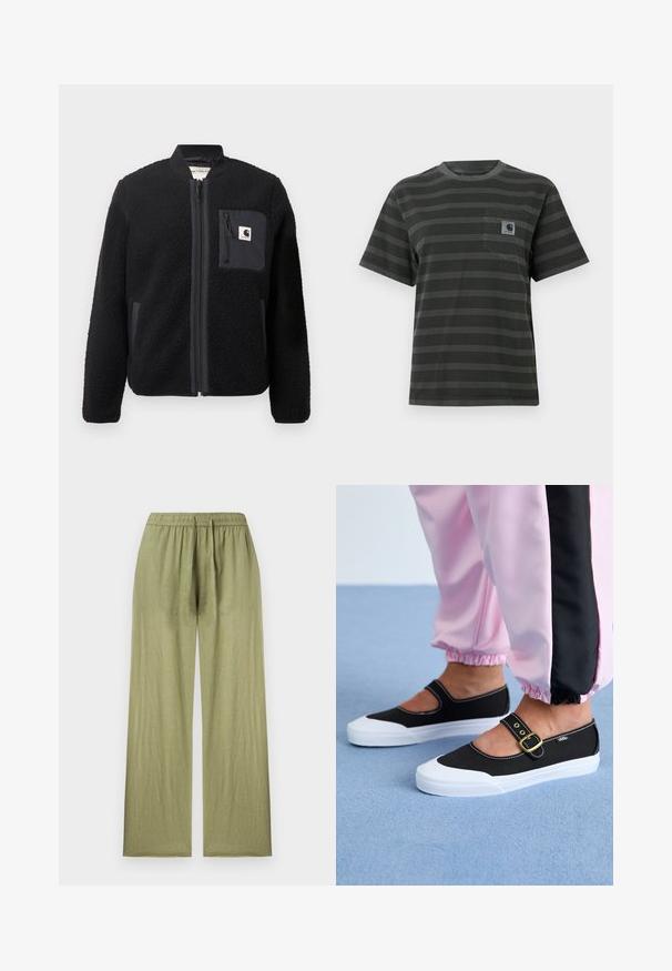Veste bomber en polaire noire avec fermeture éclair à l'avant, poignets côtelés et poche poitrine. Présente un tissu texturé et un design de couleur unie.; T-shirt à manches courtes gris foncé avec des rayures horizontales noires, doté d'une poche sur la poitrine gauche et d'une étiquette de marque. Texture en coton lisse.; Pantalon large en lin vert olive clair avec taille élastique et coupe décontractée présenté sur fond uni.; Baskets noires en toile avec une semelle blanche, présentant un design découpé et une sangle en boucle dorée. Portées avec un pantalon de survêtement rose.
