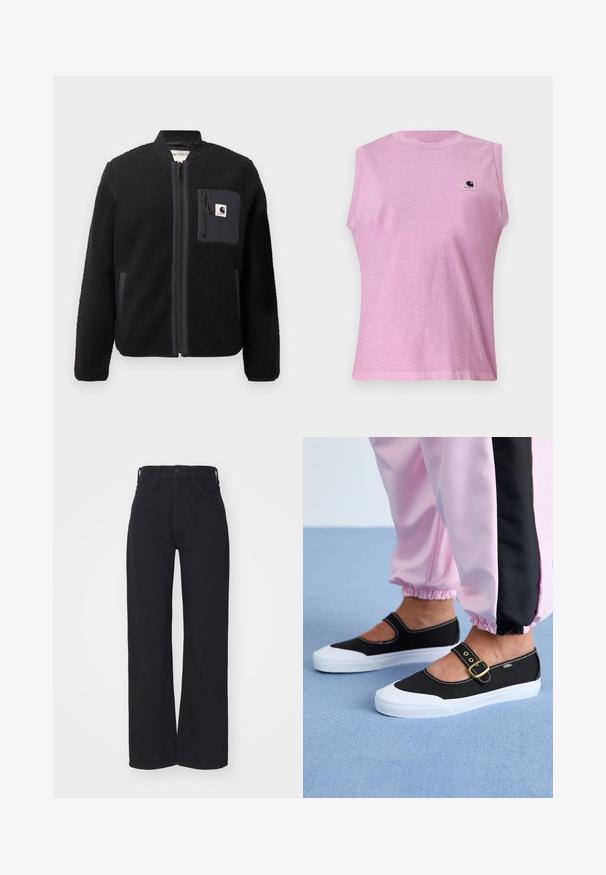 Sort fleeced bomberjakke med lynlås foran, ribbede manchetter og en brystlomme. Har struktureret stof og ensfarvet design.; Ærmeløs lyse lilla t-shirt med rund hals og Carhartt-logo på øverste venstre bryst, vist på en ensfarvet baggrund.; Sorte højtaljede bredbenede jeans med frontknap og lynlås, bæltestropper og to forlommer på hvid baggrund.; Sorte lærredssko med en hvid sål, der har et udskæringsdesign og et guldspænde. Bæret med lyserøde træningsbukser.