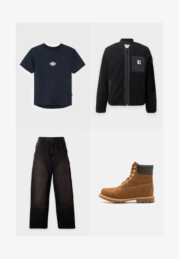 Schwarze Fleece-Bomberjacke mit Reißverschluss, gerippten Ärmeln und einer Brusttasche. Sie zeichnet sich durch einen strukturierten Stoff und ein einfarbiges Design aus.; Schwarzes Baumwoll-T-Shirt mit kurzen Ärmeln, Rundhalsausschnitt und einem kleinen, mehrfarbigen Logo auf der Brust. Gerader Saum mit einem leicht längeren Rücken.; Schwarze, weit geschnittene Hose mit hoher Taille und großen aufgesetzten Vordertaschen, flach auf weißem Hintergrund dargestellt.; Braune Wildleder-Stiefelette mit schwarzem gepolstertem Kragen, goldenen Ösen, Schnürung an der Vorderseite und Gummisohle mit strukturiertem Muster.