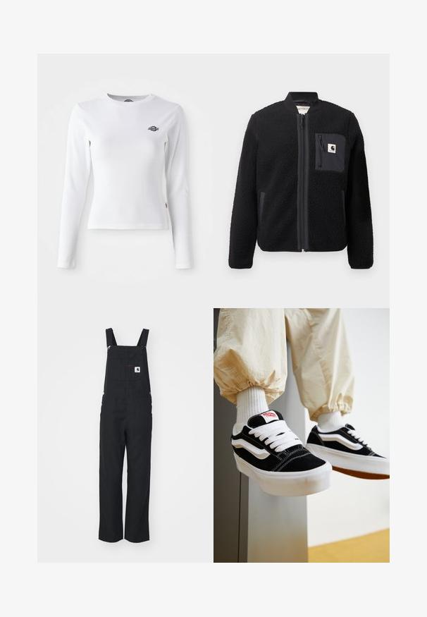 Must schwarze fleece-bomber-jakk, millel, lukkumine, soonikkoesed ja rindade tasku. Omab tekstuuriga kangast ja ühtlase värvi disaini.; Valge pikkade varrukatega särk, mis on valmistatud ribakangast. Rinnal on väike must logo. Sobiva disainiga ja ümmarguse kaelusega.; Mustad mustrid ühes tükis, reguleeritavad õlapaelad, esipindadega tasku ja külgmised nupud. Sirged sääred, sile tekstuur, minimaalne stiil.; Isik, kes kannab mustvalgeid Vansi tossusid valgete paelte, valgete sokkide ja beežide elastsete mansettidega pükstega.