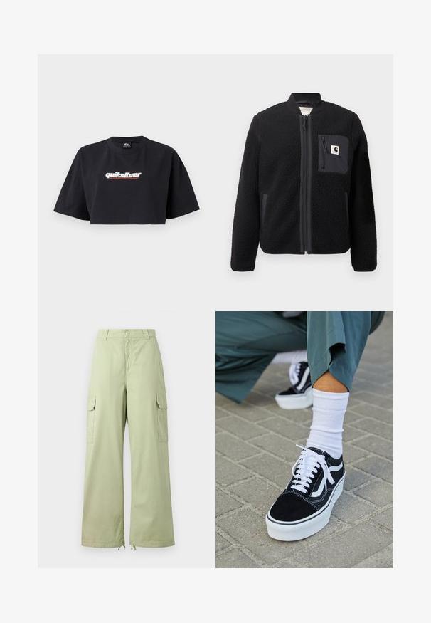Chaqueta bomber de forro polar negra con cierre de cremallera frontal, puños acanalados y un bolsillo en el pecho. Presenta un tejido texturizado y diseño de color sólido.; Camiseta de cropped negra, de manga corta, hecha de algodón. En el frontal se muestra el logotipo "Quiksilver Boarding Company" en blanco y rojo.; Pantalones cargo verde claro con piernas anchas, hechos de algodón. Cuenta con dos bolsillos laterales y un cierre de botón. Textura suave y diseño casual.; Zapatillas de ante negro con acentos y cordones blancos, que cuentan con una gruesa suela blanca y costuras en contraste, combinadas con un calcetín blanco.