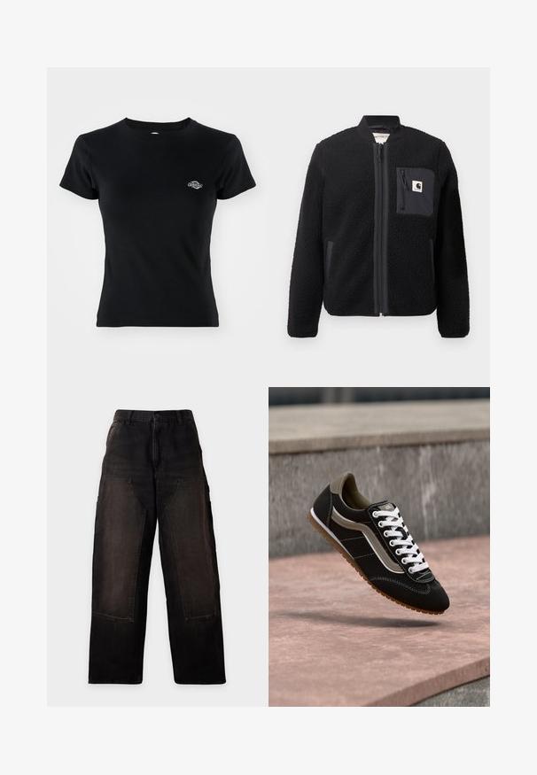Chaqueta bomber de forro polar negra con cierre de cremallera frontal, puños acanalados y un bolsillo en el pecho. Presenta un tejido texturizado y diseño de color sólido.; Camiseta negra de canalé con cuello redondo y manga corta, con un pequeño logo bordado en la parte izquierda del pecho.; Pantalones negros de pierna ancha con cintura alta y grandes bolsillos delanteros de parche, mostrados planos sobre un fondo blanco.; Zapatilla negra y beige con cordones blancos y suela de goma, flotando sobre una superficie de piedra y un fondo de hormigón gris.