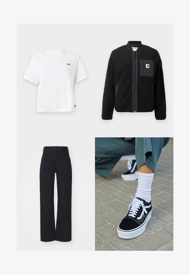 Schwarze Fleece-Bomberjacke mit Reißverschluss, gerippten Ärmeln und einer Brusttasche. Sie zeichnet sich durch einen strukturierten Stoff und ein einfarbiges Design aus.; Weißes Baumwoll-T-Shirt mit einem lockeren Schnitt, das ein kleines Logopatch auf der Brust und ein Etikett an der Seite für zusätzliche Details aufweist.; Schwarze hochgeschnittene weite Jeans mit Knopf- und Reißverschluss vorne, Gürtelschlaufen und zwei Vordertaschen auf weißem Hintergrund.; Schwarze Wildledersneaker mit weißen Akzenten und Schnürsenkeln, ausgestattet mit einer dicken weißen Sohle und kontrastierenden Nähten, kombiniert mit einer weißen Socke.