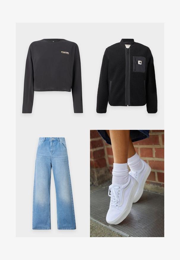 Veste bomber en polaire noire avec fermeture éclair à l'avant, poignets côtelés et poche poitrine. Présente un tissu texturé et un design de couleur unie.; T-shirt à manches longues coupé en coton gris foncé, avec un petit logo Rip Curl multicolore sur la poitrine et une coupe décontractée.; Jean large en denim bleu clair à taille haute, avec deux poches avant et une fermeture à bouton. Finition propre avec un délavage minimal.; Baskets en toile blanches avec semelles en caoutchouc, dotées de six œillets, d'un bout rond et de détails de couture légers, portées avec des chaussettes blanches mi-mollet.
