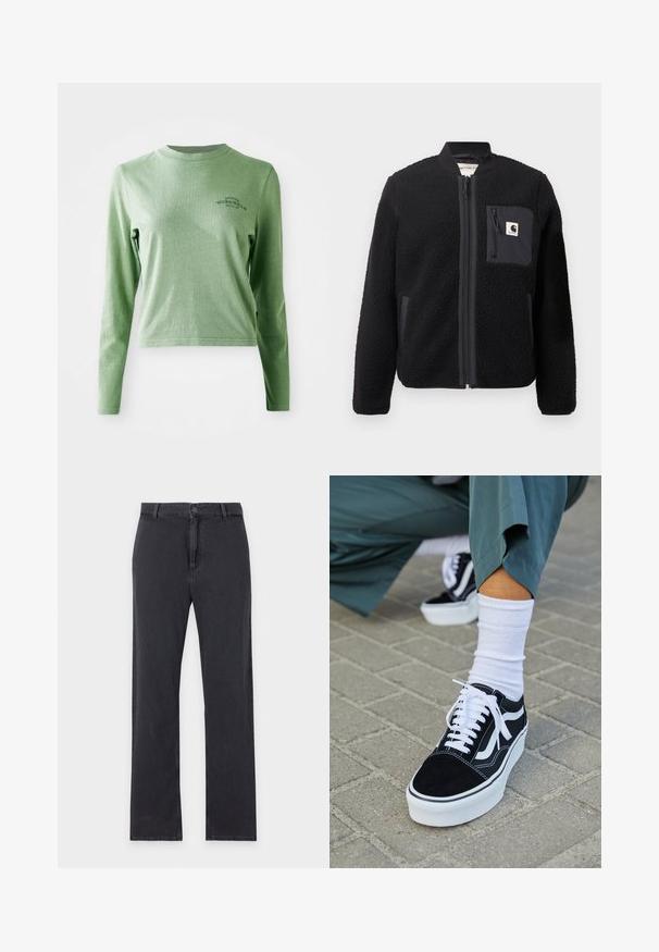 Schwarze Fleece-Bomberjacke mit Reißverschluss, gerippten Ärmeln und einer Brusttasche. Sie zeichnet sich durch einen strukturierten Stoff und ein einfarbiges Design aus.; Hellgrünes Langarm-T-Shirt aus weicher Baumwolle, mit Rundhalsausschnitt und einem kleinen gedruckten Logo auf der oberen linken Seite.; Schwarze Jeans mit geradem Bein, vorderem Knopf- und Reißverschluss, Gürtelschlaufen und klassischem Fünf-Taschen-Design, flach auf weißem Hintergrund liegend.; Schwarze Wildledersneaker mit weißen Akzenten und Schnürsenkeln, ausgestattet mit einer dicken weißen Sohle und kontrastierenden Nähten, kombiniert mit einer weißen Socke.