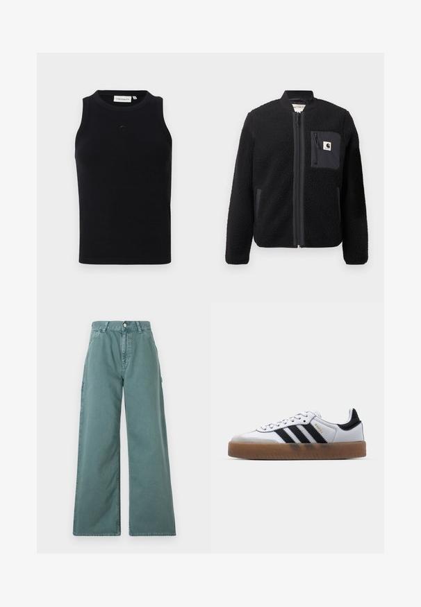 Veste bomber en polaire noire avec fermeture éclair à l'avant, poignets côtelés et poche poitrine. Présente un tissu texturé et un design de couleur unie.; Débardeur noir sans manches en tissu côtelé, avec un col rond et un petit logo à l'avant. Design simple et ajusté.; Pantalons larges de couleur teal, présentant une taille haute, une fermeture à bouton et des poches latérales. Fabriqués en tissu lisse et durable.; Baskets en cuir blanc avec des rayures noires, semelle extérieure en caoutchouc beige, bout rond, fermeture lacée et embout en suède gris doux.