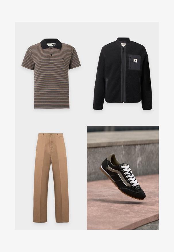 Veste bomber en polaire noire avec fermeture éclair à l'avant, poignets côtelés et poche poitrine. Présente un tissu texturé et un design de couleur unie.; Polo à manches courtes avec de fines rayures horizontales multicolores et un col noir uni avec une patte de boutonnage à deux boutons.; Pantalon en coton marron avec une coupe à jambe droite, doté d'une fermeture par bouton, de passants pour ceinture, et de coutures minimales pour un look épuré.; Baskets noires et beiges avec lacets blancs et semelle en gomme, en suspension au-dessus d'une surface en pierre et d'un mur en béton gris.