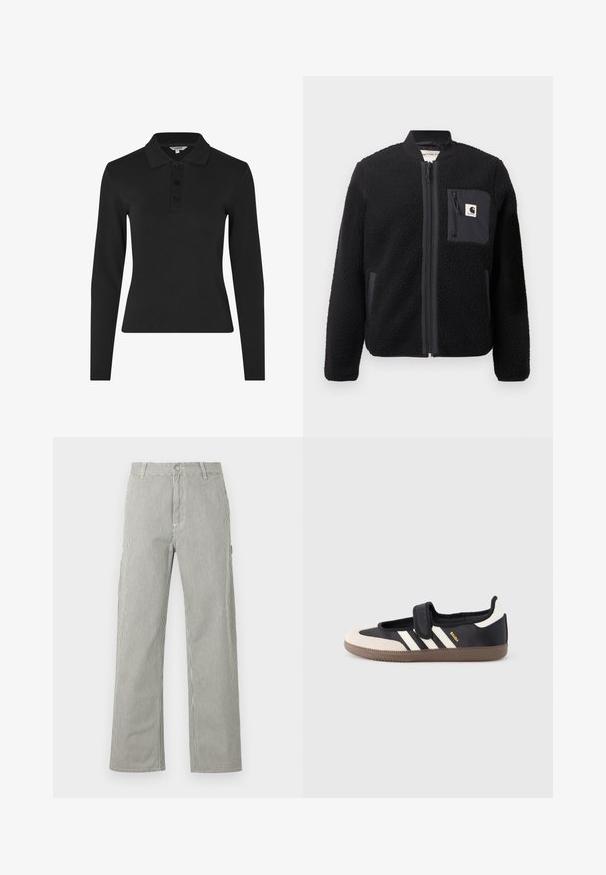 Must schwarze fleece-bomber-jakk, millel, lukkumine, soonikkoesed ja rindade tasku. Omab tekstuuriga kangast ja ühtlase värvi disaini.; Pikend varrukatega must polo särk, mis on valmistatud ribakanga materjalist, klassikalise krae ja kolme nupuga lintiga ees.; Meeste sirge lõikega püksid õhukeste vertikaalsete mustade ja valgete triipudega, nööpkinnitusega, vööaasadega ja küljetaskutega.; Must ja beež vabaajajalats klõpsrihmaga, küljele on kolm valget triipu ning pruun tekstuuriga kummist tald. Brändi logo on nähtav.