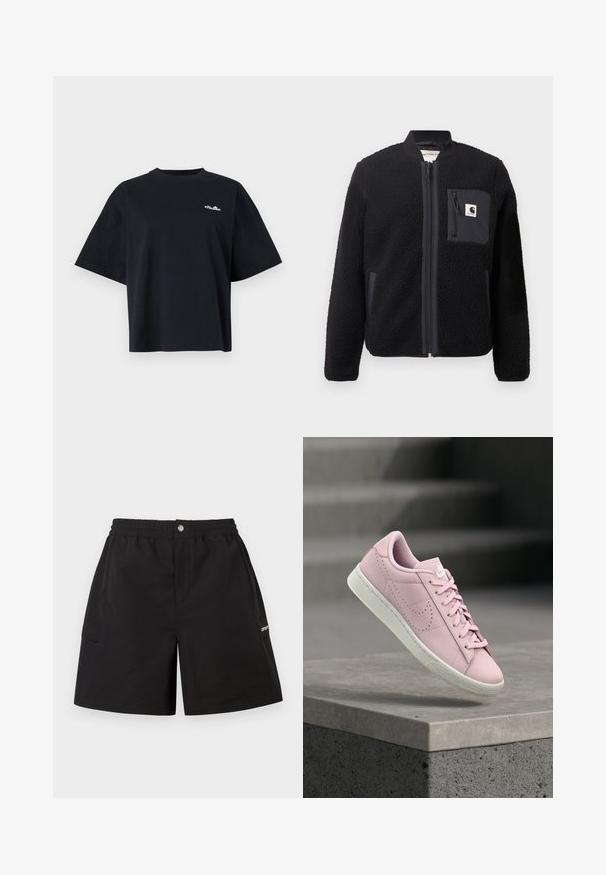 Veste bomber en polaire noire avec fermeture éclair à l'avant, poignets côtelés et poche poitrine. Présente un tissu texturé et un design de couleur unie.; T-shirt noir ample à manches courtes avec petit logo blanc "ellesse" sur la partie supérieure gauche de la poitrine et col rond.; Shorts noirs en tissu léger avec une taille élastique, des poches avant et une poche cargo latérale. Design simple et utilitaire.; Baskets Nike roses avec semelle blanche, lacets attachés, flottant au-dessus d'une marche en béton avec un arrière-plan sombre flou.