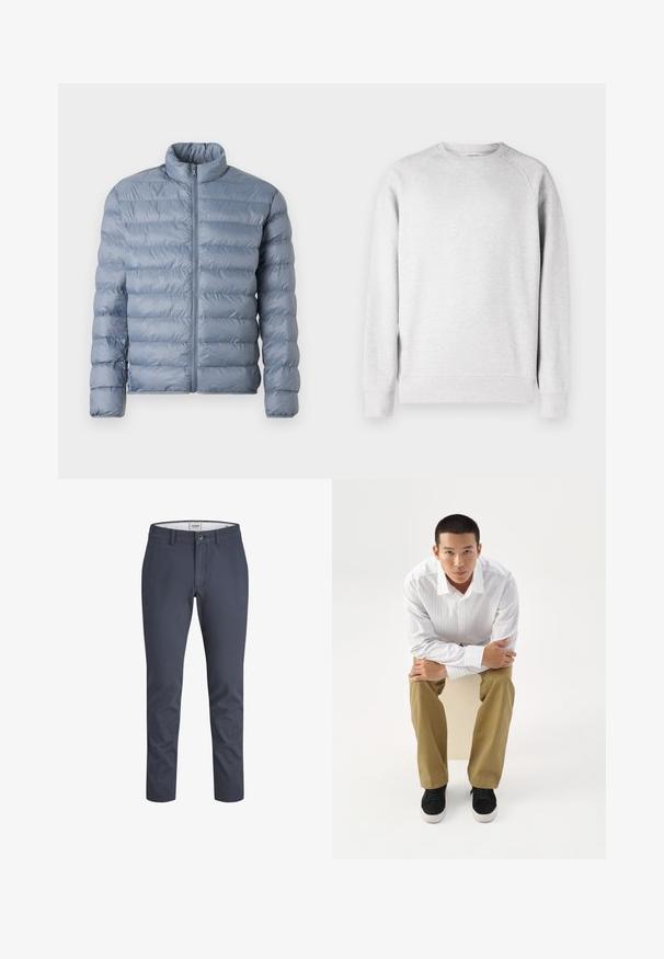 Doudoune bleu clair avec un col haut, une fermeture éclair intégrale à l'avant et un motif matelassé horizontal. Fabriquée en tissu brillant et résistant à l'eau.; Sweatshirt léger gris clair à col rond, avec des manches longues, des poignets et un ourlet côtelés, présenté sur un fond blanc.; Pantalons bleu marine en coton, avec une texture lisse, dotés d'une fermeture à bouton sur le devant et de poches latérales, avec un design de jambe fuselée.; Jeune homme en chemise blanche rayée et pantalon kaki assis penché en avant sur un tabouret, bras croisés, regardant droit devant sur un fond blanc.