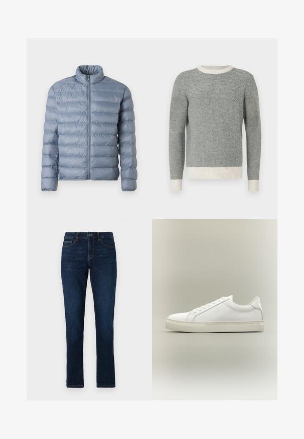 Lyseblå puffjakke med høj krave, fuld lynlås foran og horisontalt quiltet tekstur. Fremstillet af blank, vandafvisende stof.; Grå og creme stribet sweater med ribbet rund hals og manchetter. Fremstillet af struktureret stof, med en tætsiddende design og lange ærmer.; Mørkeblå denimjeans med slim fit, standard fem lomme-design og lukning med knap og lynlås. Glat tekstur med minimal falming.; Hvid lavtop sneaker med snørebånd foran og tyk sål, vist fra siden mod en neutral baggrund.