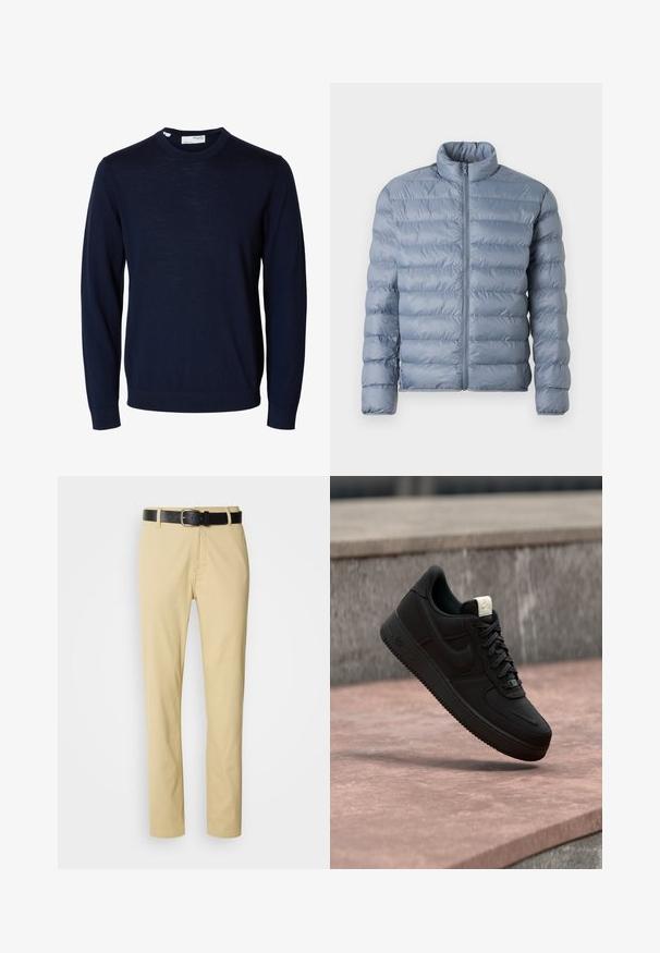 Lyseblå puffjakke med høj krave, fuld lynlås foran og horisontalt quiltet tekstur. Fremstillet af blank, vandafvisende stof.; Marineblå langærmet crewneck-trøje med ribbede manchetter og kant, lavet af fint strikket stof.; Beige bomuldsbukser med lige ben-design, sikret med et sort læderbælte med en sølvspænde.; Sort Nike Air Force 1 sneaker, der svæver over en lyserød betonforkant med en grå stenet baggrund, som viser sidde- og topdetaljer.
