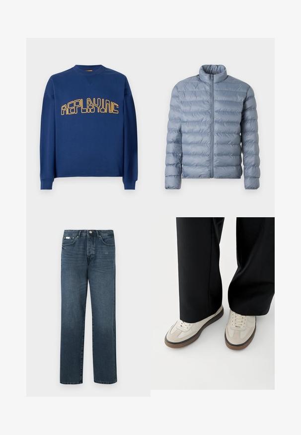 Lichtblauwe pufferjack met een hoge kraag, volle rits aan de voorkant en horizontale quilttextuur. Gemaakt van glanzende, waterafstotende stof.; Marineblauwe crewneck sweatshirt met lange mouwen en geel gestileerde tekst "REPLAYINC" over de borst.; Donkerblauwe denim jeans met een rechte pasvorm, vijf zakken, riemlussen en een ritsgulp. Glad textuur met subtiele vervagingdetails.; Voeten met beige sneakers met bruine zolen en zwarte wijde broekspijpen op een witte achtergrond.
