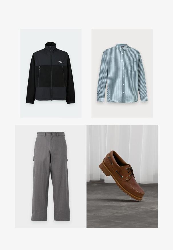 Chaqueta de forro polar negra con cremallera, cuello alto, dos bolsillos frontales con cremallera, puños elásticos y el logotipo blanco "Carhartt WIP" en el pecho.; Camisa de hombre de manga larga con botones, con rayas verticales verdes y blancas y un bolsillo en el pecho, extendida sobre un fondo claro.; Pantalones cargo grises con un diseño de pierna recta, hechos de tela duradera. Cuenta con bolsillos laterales y un cierre de botón en la cintura.; Zapato náutico de cuero marrón con cordones negros, costuras beige y una suela resistente, suspendido sobre un suelo de hormigón gris.