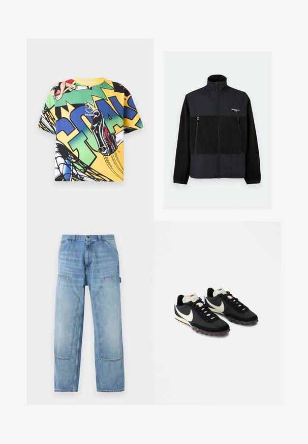 Veste polaire noire zippée avec col montant, deux poches avant zippées, poignets élastiques et logo blanc "Carhartt WIP" sur la poitrine.; T-shirt avec un design de football coloré style bande dessinée, avec un joueur frappant un ballon, un filet et un grand texte « GOAL » en bleu et jaune.; Pantalon de charpentier en denim bleu clair avec de grandes poches plaquées à l'avant et une boucle porte-marteau sur le côté droit, coupe droite.; Chaussures de sport noires avec une tige texturée, logo swoosh blanc et semelle en caoutchouc dotée de petits crampons pour une meilleure traction. Col de couleur crème.