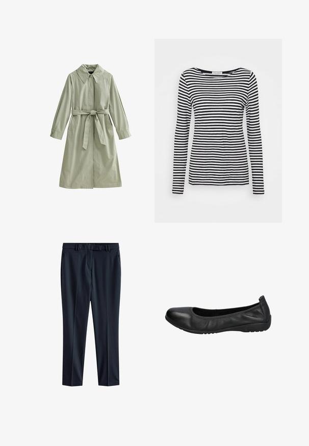 Langer hellgrüner Trenchcoat mit weitem Kragen, Knopfverschluss, Taillengürtel und langen Ärmeln mit geknöpften Manschetten.; Langärmliges T-Shirt mit Rundhalsausschnitt, das ein schwarz-weiß gestreiftes Muster aufweist. Aus weicherm Stoff und mit regulärer Passform gefertigt. Sauberes, minimalistisches Design.; Marineblaue Hose aus glattem Stoff mit geradem Schnitt, mit einem Bund mit Gürtelschlaufen und Seitentaschen.; Schwarze Leder-Ballettschuhe mit einer runden Spitze, glatter Textur und einem leicht elastischen Rand für zusätzlichen Komfort. Gummisohle für besseren Halt.