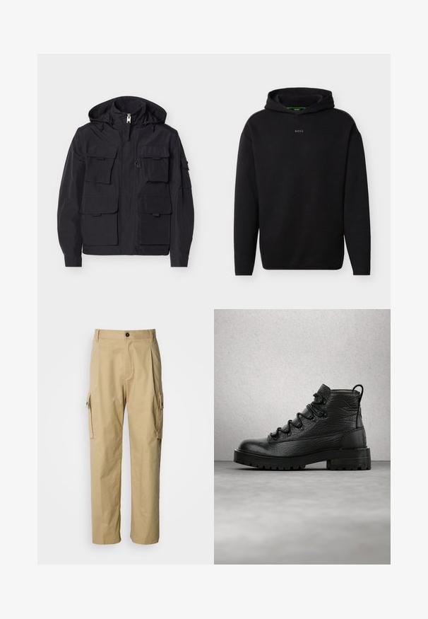 Veste noire à capuche avec fermeture éclair frontale et six poches à rabat, dotée de cordons ajustables sur la capuche et de manches longues avec fermetures aux poignets.; Sweat-shirt à capuche noir à manches longues avec un petit logo "BOSS" centré sur la poitrine, sur fond blanc.; Pantalon cargo beige en tissu résistant, avec une coupe décontractée, des poches latérales et une fermeture par bouton à la taille.; Bottines en cuir noir avec tige texturée, six œillets et semelle robuste. Comprend un passant au talon pour un enfilage facile.