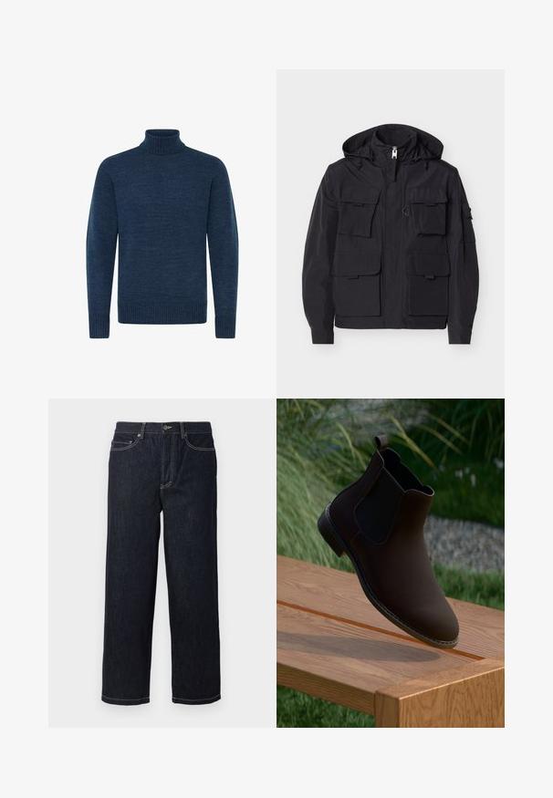 Must kapuutsiga jakk ees tõmblukuga ja kuue flapp-taskuga, millel on kapuutsil reguleeritavad tõmblukud ning pikkade varrukatega mansetiga kinnitused.; Tumesinine kõrge kaelusega sweater, mis on valmistatud tekstuurses kangas, pikkade varrukate ja soonikute aktsentidega kaeluses ja allservas.; Tumed sinised otsejalad denimhüppes viie tasku ja valge kontrastõmblusega, nupuga kinnitamine ja vöökohad.; Pruun nahast pahkluu saapad elastsete külgpaneelidega, ümar varvas, madal konts ja mugav tõmblukk, puidust pinnal.