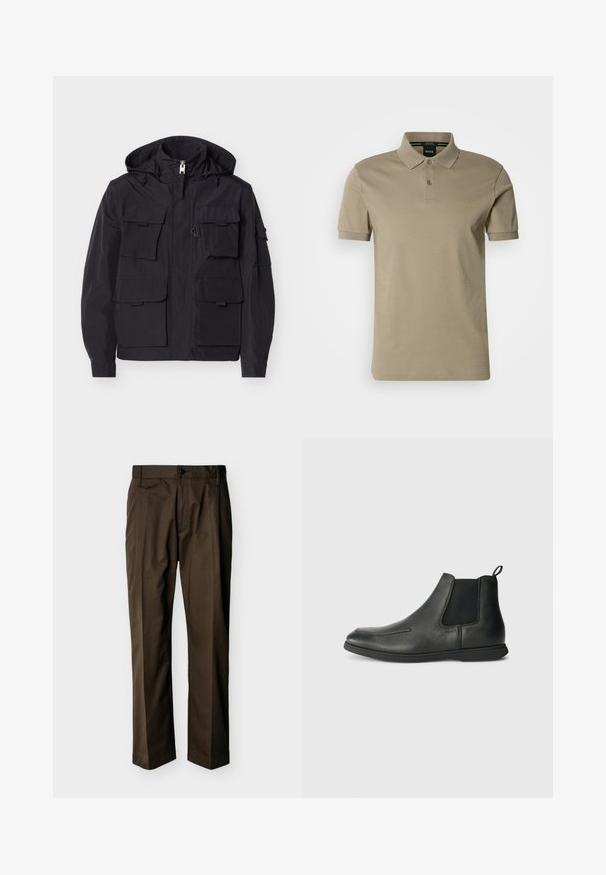 Schwarze Kapuzenjacke mit Reißverschluss vorne und sechs Klappentaschen, ausgestattet mit verstellbaren Kordelzügen an der Kapuze und langen Ärmeln mit Bündchenverschluss.; Beige Poloshirt mit klassischem Kragen, Zwei-Knopf-Leiste und kurzen Ärmeln. Dezentes Logo auf der Brust; glatter Baumwollstoff.; Braune gerade geschnittene Hose mit Knopf- und Reißverschluss, Gürtelschlaufen und vorderen Bügelfalten, vor einem einfarbigen Hintergrund präsentiert.; Schwarze Leder-Ankle-Boots mit glatter Textur, elastischen Seitenpanelen und einer Zuglasche auf der Rückseite. Rundspitze und Gummisohle.