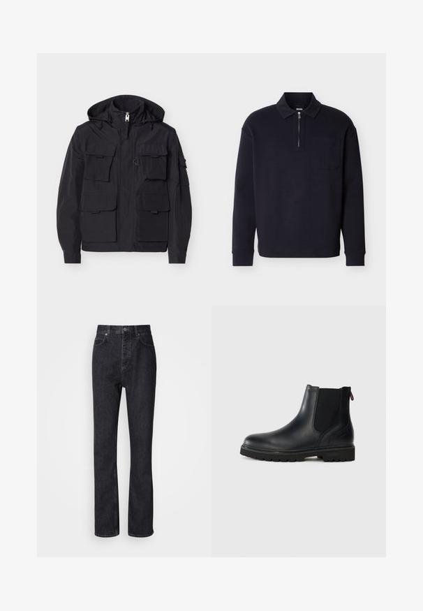 Veste noire à capuche avec fermeture éclair frontale et six poches à rabat, dotée de cordons ajustables sur la capuche et de manches longues avec fermetures aux poignets.; Polo noir à manches longues en tissu doux, doté d'une fermeture éclair au niveau du col, d'une poche poitrine et d'un col classique.; Jean en denim noir taille haute avec fermeture à bouton et à glissière, poches avant et arrière, et coupe droite.; Bottine noire en cuir avec des panneaux latéraux en élastique, bout rond et semelle en caoutchouc robuste avec de profonds crampons pour une meilleure adhérence.