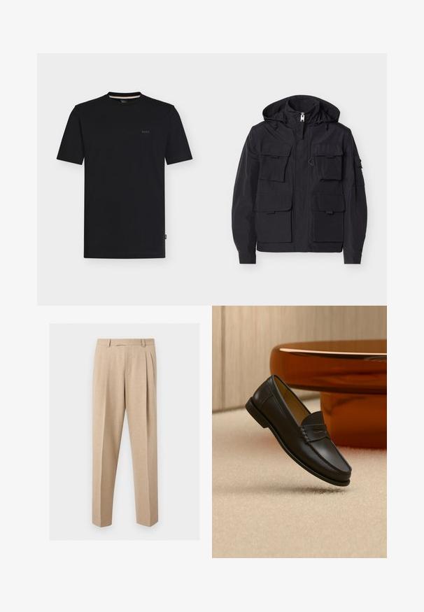 Sort hættejakke med forlynlås og seks klaplommer, med justerbare snore på hætten og lange ærmer med manchetlukninger.; Sort T-shirt med korte ærmer og rund hals samt et lille "BOSS"-logo på venstre bryst, vist på en ensfarvet hvid baggrund.; Beige skræddersyede bukser med frontplisser, bæltestropper og lige ben, vist mod en ensartet lys baggrund.; Sort læder loafer-sko hængende over beige tæppe med ravfarvet moderne møblement i baggrunden.