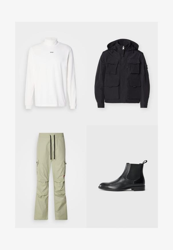 Chaqueta negra con capucha, cierre frontal con cremallera y seis bolsillos con solapas, equipada con cordones ajustables en la capucha y mangas largas con cierres en los puños.; Camisa de cuello alto de manga larga blanca, hecha de una tela suave, con un sutil logo negro "HUGO" en la parte delantera y puños ajustados.; Pantalones cargo verde claro con un corte relajado, cintura elástica, cordón negro, dos bolsillos laterales y detalles de costura sutiles.; Botín negro de cuero hasta el tobillo con paneles elásticos a los lados, punta redondeada y lengüeta. Textura suave, suela plana, diseño minimalista.