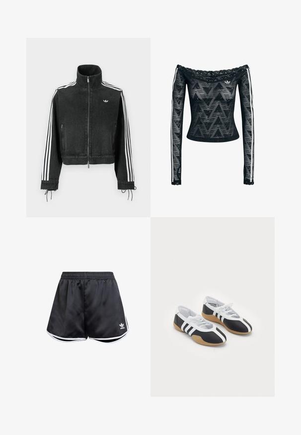 Veste en denim noire avec col montant, accents blancs à trois bandes sur les manches, fermeture éclair et cordons ajustables aux poignets.; Haut noir à manches longues, épaules dénudées, doté d'une bordure en dentelle, d'un motif en zigzag et de bandes latérales blanches. Confectionné dans un tissu léger et transparent.; Shorts de sport noirs en matériau synthétique lisse, avec des accents latéraux blancs et un logo brodé en bas à gauche.; Baskets de sport noir et blanc au design élégant, semelle en caoutchouc, fermeture à lacets et trois rayures blanches sur les côtés.