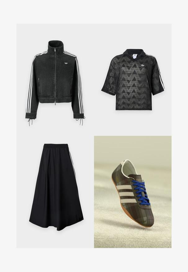 Chaqueta vaquera negra con cuello alto, acentos blancos de tres rayas en las mangas, cierre de cremallera y cordones ajustables en los puños.; Polo de manga corta de malla negra con patrón de chevron, logo de Adidas blanco en el pecho y rayas blancas en las mangas.; Pantalones negros de pierna ancha con cinturilla elástica y franjas blancas laterales, mostrados sobre un fondo blanco liso.; Zapatillas deportivas de cuadros marrones con cordones azules, tres franjas blancas y una superficie lisa, con una suela de goma marrón clara.