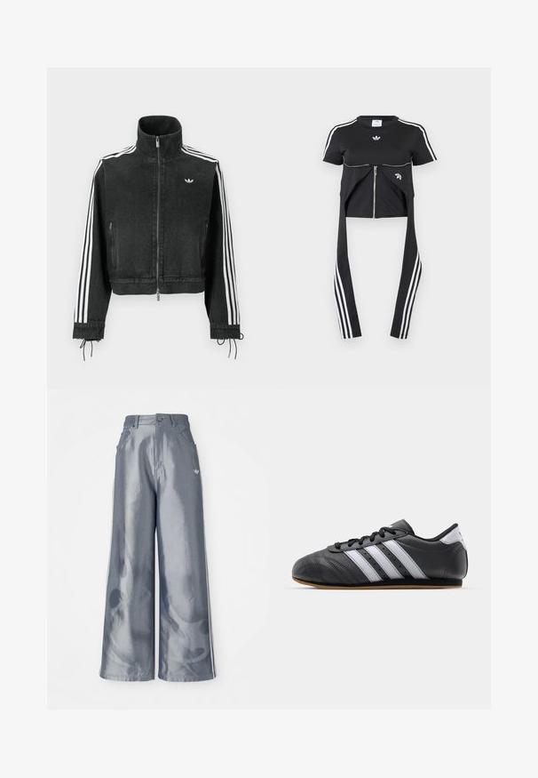 Schwarze Jeansjacke mit hohem Kragen, weißen drei Streifen an den Ärmeln, Reißverschluss und verstellbaren Kordelzügen an den Ärmelbündchen.; Schwarzes Kurzarm-Top mit weißen Adidas-Streifen auf den Ärmeln, Reißverschluss-Detail vorne und verlängerten Stoffbahnen mit drei weißen Streifen, die herunterhängen.; Weite Hose aus glänzendem grauem Material, ausgestattet mit weißen seitlichen Streifen und einem Flammenmuster an den Unterschenkeln. Knopf- und Reißverschlussverschluss an der Taille.; Schwarzer Sportschuh aus Leder mit weißen Streifen, runder Spitze, flacher Sohle und Schnürverschluss. Besitzt Perforationen für Atmungsaktivität.