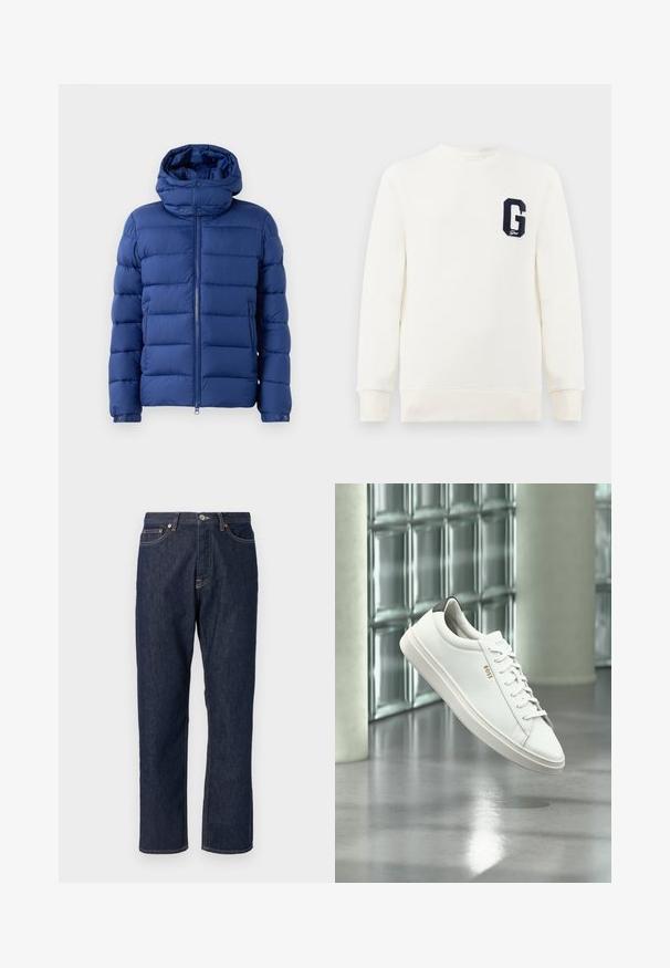 Blauer Pufferjacke mit Reißverschluss vorne und hohem Kragen. Sie weist eine gesteppten Struktur auf, hat einen Druckknopfverschluss am Hals und Taschen. Leichtes Material.; Weißes Sweatshirt mit Rundhalsausschnitt, gerippten Bündchen und Saum, versehen mit einem blauen gestickten Buchstaben "G" auf der linken Brust.; Dunkelblaue Denimjeans mit geradem Bein-Design. Verfügt über einen Knopf- und Reißverschluss, fünf Taschen und Kontrastnähte.; Weißer Leder-Low-Top-Sneaker mit Schnürsenkeln, schwarzer Fersenschlaufe und „BOSS“-Logo, der drinnen nahe einer Glassteinwand und einem polierten Boden schwebt.