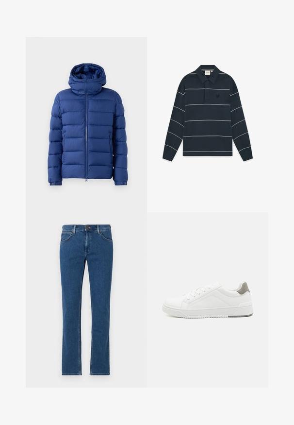 Blauer Pufferjacke mit Reißverschluss vorne und hohem Kragen. Sie weist eine gesteppten Struktur auf, hat einen Druckknopfverschluss am Hals und Taschen. Leichtes Material.; Marineblaues Poloshirt mit langen Ärmeln, weißen horizontalen Streifen und einem kleinen bestickten Logo auf der linken Brust.; Blaue Straight-Leg-Denim-Jeans mit vorderer Knopf- und Reißverschluss, Gürtelschlaufen und Fünf-Taschen-Design auf weißem Hintergrund.; Weißer Sneaker aus glattem Leder, runde Zehenpartie, minimalistisches Design, graue Fersenkante und strukturierte Gummisohle.
