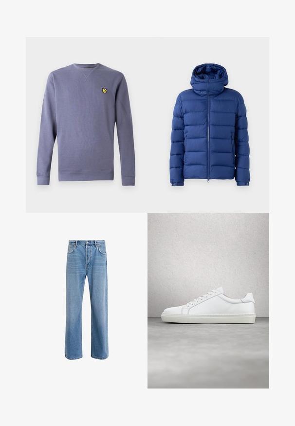Veste matelassée bleue avec fermeture éclair à l'avant et col haut. Caractéristiques : texture matelassée en canaux, fermeture à pression au cou et poches. Matériau léger.; Sweatshirt violet à col rond en tissu doux, avec poignets et ourlet côtelés, et un petit logo jaune brodé sur la poitrine.; Jeans en denim bleu clair avec une coupe droite, cinq poches, fermeture à bouton, peu d'usure et des détails de couture contrastés.; Sneaker blanche avec une tige en cuir lisse et un profil bas. Présente un bout arrondi, six œillets et une semelle en caoutchouc texturé.