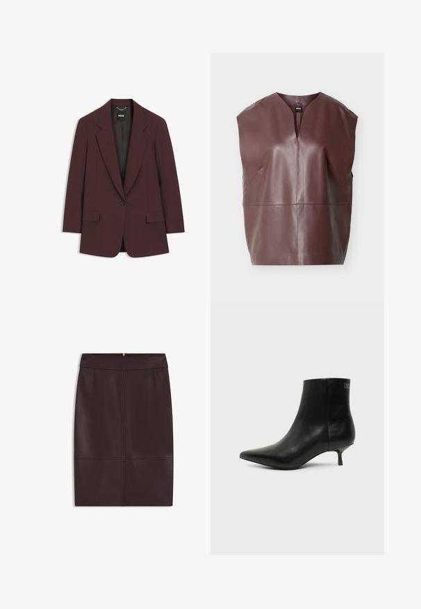 Mørkebrun enkeltknappet blazer med hakkede revers, to forlommer med klap og sort indvendig foer, mærket med "BOSS" label.; Ærmeløs brun lædertop med V-udskæring, strukturerede skuldre og syninger på tværs af bryst og talje.; Bordeaux læderblyantnederdel med en glat tekstur, der har frontfald og en skjult lynlås bagpå til lukning.; Sort læder ankelstøvle med spids tå og lav kitten hæl på lys baggrund, der viser yderside.