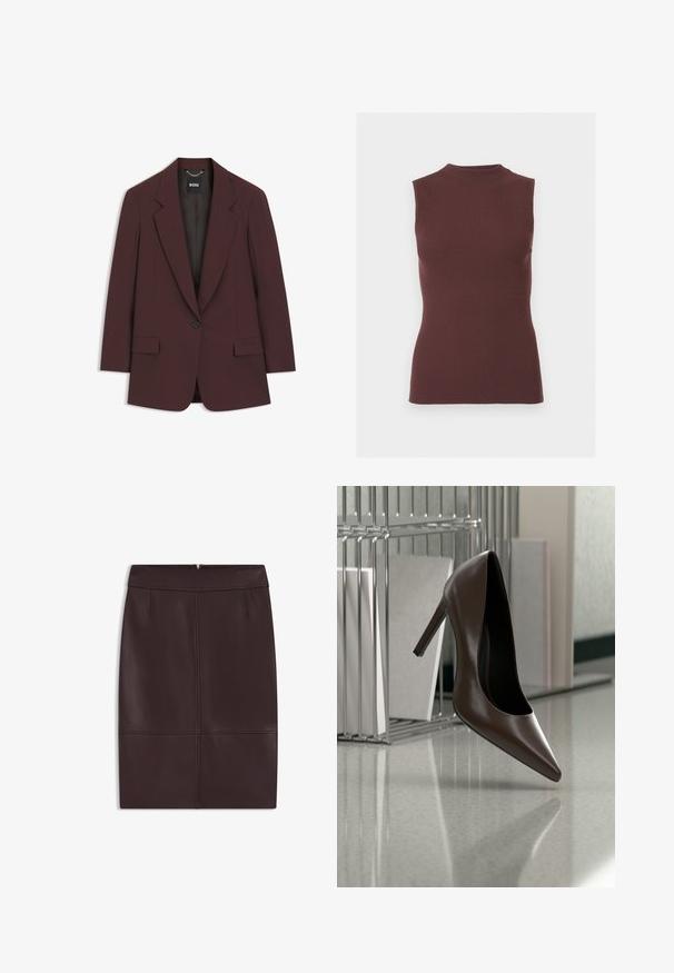 Blazer marron foncé à un seul bouton, avec revers crantés, deux poches avant à rabat et doublure intérieure noire, marqué du label "BOSS".; Top sans manches en maille côtelée marron foncé avec col montant et silhouette ajustée.; Jupe crayon en cuir bordeaux avec une texture lisse, dotée de plis avant et d'une fermeture éclair dissimulée à l'arrière.; Chaussure en cuir marron foncé à talon haut flottant au-dessus d'un sol réfléchissant près d'une étagère métallique avec des panneaux blancs dans une pièce.