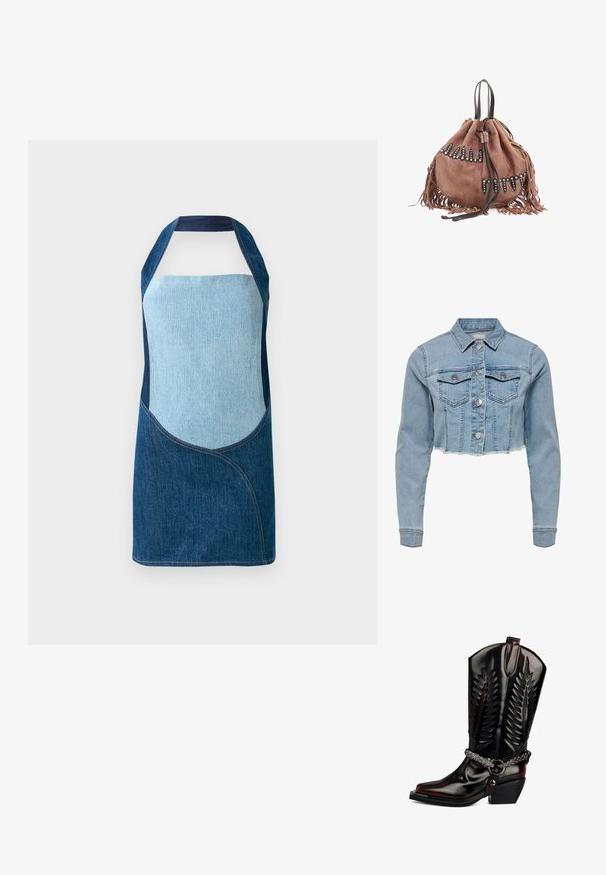 Unverkürzt geschnittene Jeansjacke in Hellblau. Sie verfügt über einen klassischen Kragen, eine durchgeknöpfte Vorderseite, zwei Brusttaschen und einen ausgefransten Saum. Hergestellt aus weicher Baumwolle.; Denim-Schürze mit einer Mischung aus hellblauen und dunkelblauen Stoffen, mit gewölbten Paneeldesigns und Halterneck-Silhouette.; Schwarze Lackleder-Cowboy-Stiefel mit spitzem Kopf, aufwendiger Stickerei und silberner Kettenakzent um den Knöchel. Robuster schwarzer Absatz.; Braune Wildleder-Zugtasche mit schwarzen Leder-Akzenten, fransigen Details und dekorativen silbernen Nieten entlang der oberen Kante.
