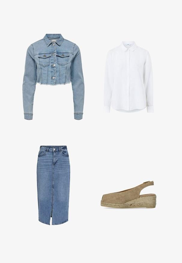Kort denim jack in lichtblauw. Beschikt over een klassieke kraag, knopenlijst aan de voorkant, twee borstzakken en een rafelige zoom. Gemaakt van zachte katoen.; Witte langetermijns overhemd van linnen met een knoopsluiting aan de voorkant, klassieke kraag en omgeslagen mouwen. Glad textuur en een lichtgewicht uitstraling.; Lichtblauwe denim midi rok met een voorflap, vijf zakken, riemlussen en een knoopsluiting in de taille. Klassieke pasvorm en textuur.; Castañer DOSALIA - Espadrilles - sand