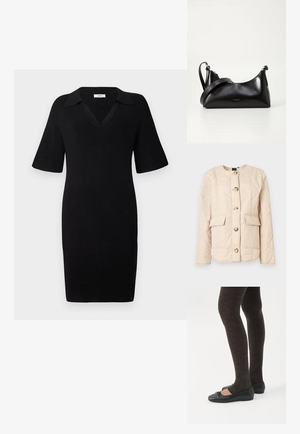 Chaqueta acolchada beige con cuello redondo, mangas largas, cinco botones grandes y dos bolsillos frontales con solapas.; Vestido negro de tela acanalada con escote en V y mangas cortas. Presenta un cuello clásico y una silueta ajustada.; Piernas con leggings oscuros acanalados combinados con bailarinas negras que presentan pequeños detalles de lazo sobre un fondo blanco.; Bolso de mano de cuero negro con una textura suave. Cuenta con una correa ajustable y un diseño elegante y minimalista con cierre de cremallera.